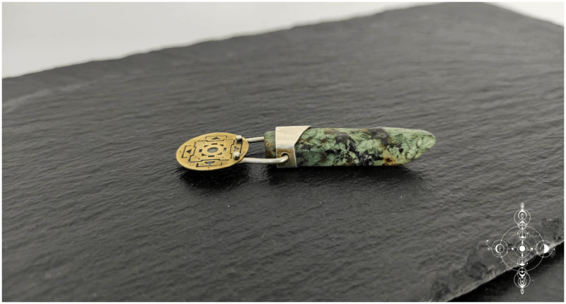 Etched brass, sterling silver and african turquoise pendant made by Nairy (Eliz'art and Manu Menendez)