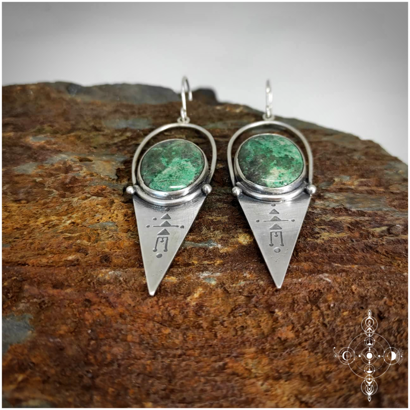 Sterling silver, brass and chrysocolla earrings made by Nairy (Manu Menendez and Eliz'art)